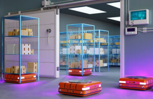 Mobile robots lifting racks in a warehouse.