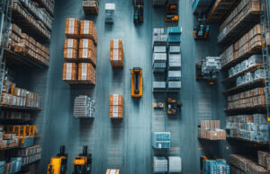 A top-down view of robots in a warehouse aisle. Learn about the latest technologies and business practices in Automated Warehouse Week.