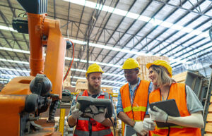 Factory workers look at a robot. J.P. Morgan has released a study about the financial state of applied technologies in U.S. industry.