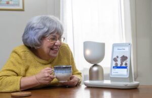 ElliQ 3.0 from Intuition Robots interacts with user Gloria over coffee.