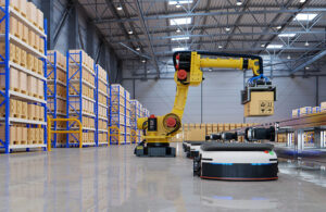 A robotic arm placing a box on an AMR.