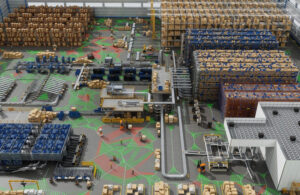 Choreographed integration of human workers, robotic and agentic systems and equipment in a facility digital twin created with Omniverse.