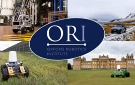 Image of wheeled robots with the logo of the Oxford Robotics Institute.