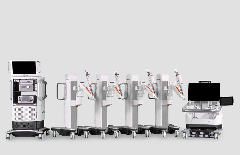 A line-up of models from the Hugo robotic-assisted surgery system, which includes miniaturization benefits.