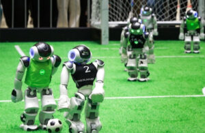 Nao robots playing soccer.