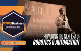 A promotional image for RoboBusiness that says," Powering the Next Era of Robotics and Automation."