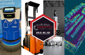 images of three mobile robots and perception software screenshot.